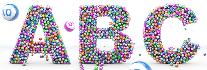 Alfabet lottery balls. Letters A, B, C. 3D illustration. Bingo alphabet 3D isolated in white background. © wesleyyaya