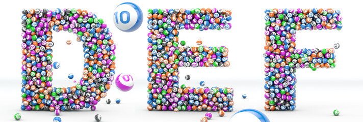 Alfabet lottery balls. Letters D, E, F. 3D illustration. Bingo alphabet 3D isolated in white background. © wesleyyaya