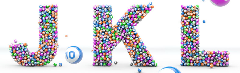 Alfabet lottery balls. Letters J, K, L. 3D illustration. Bingo alphabet 3D isolated in white background. © wesleyyaya