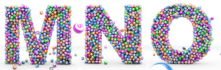 Alfabet lottery balls. Letters M, N, O. 3D illustration. Bingo alphabet 3D isolated in white background. © wesleyyaya