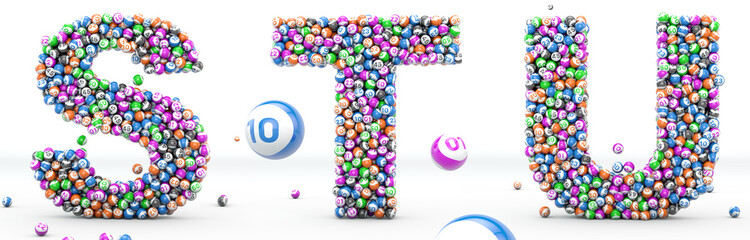 Alfabet lottery balls. Letters S, T, U. 3D illustration. Bingo alphabet 3D isolated in white background. © wesleyyaya
