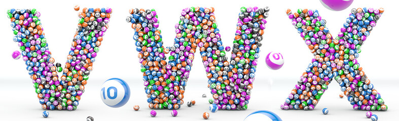 Alfabet lottery balls. Letters V, W, X. 3D illustration. Bingo alphabet 3D isolated in white background. - obrazy, fototapety, plakaty