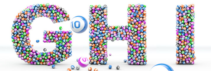 Alfabet lottery balls. Letters G, H, I. 3D illustration. Bingo alphabet 3D isolated in white background. © wesleyyaya