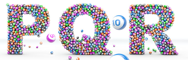 Alfabet lottery balls. Letters P, Q, R. 3D illustration. Bingo alphabet 3D isolated in white background. © wesleyyaya