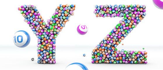 Alfabet lottery balls. Letters Y, Z. 3D illustration. Bingo alphabet 3D isolated in white background. © wesleyyaya
