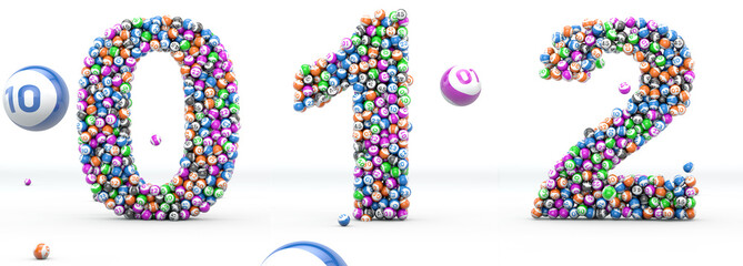 Alfabet lottery balls. Numbers 0, 1, 2. 3D illustration. Bingo alphabet 3D isolated in white background.