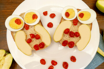 Funny owl face sandwich toast bread with chicken eggs, apple, dried berry fruits on plate. Cute kids childrens baby's sweet dessert breakfast,lunch, food art on wooden background,top view