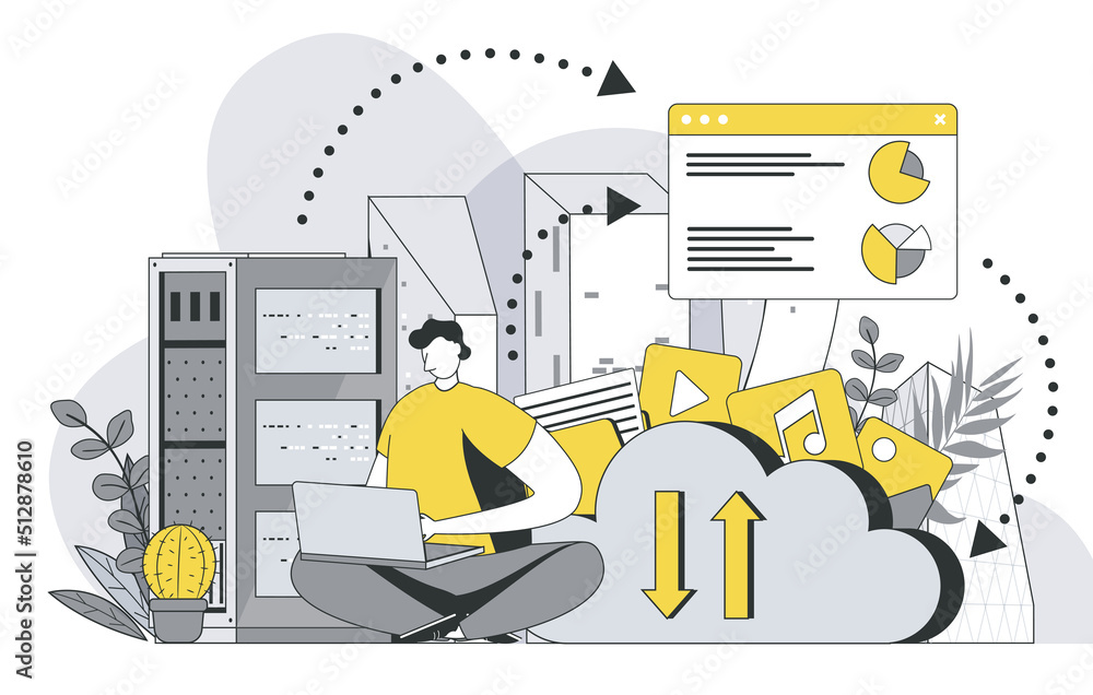 Aufkleber hosting provider concept with outline people scene. man works in technical support of internet provi