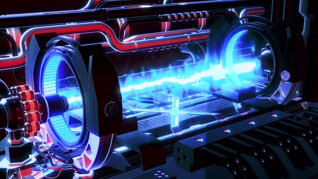 3D futuristic a detail of electromagnetic machine with gravitational fields energy particles. Motion. Abstract engine mechanism.