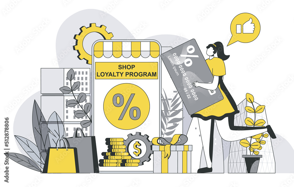 Poster shop loyalty program concept with outline people scene. woman receives discount card with cumulative