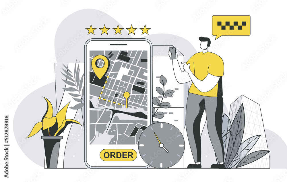 Poster Taxi booking service concept with outline people scene. Man looking for car and orders taxi in mobile application, tracking route on screen. Illustration in flat line design for web template