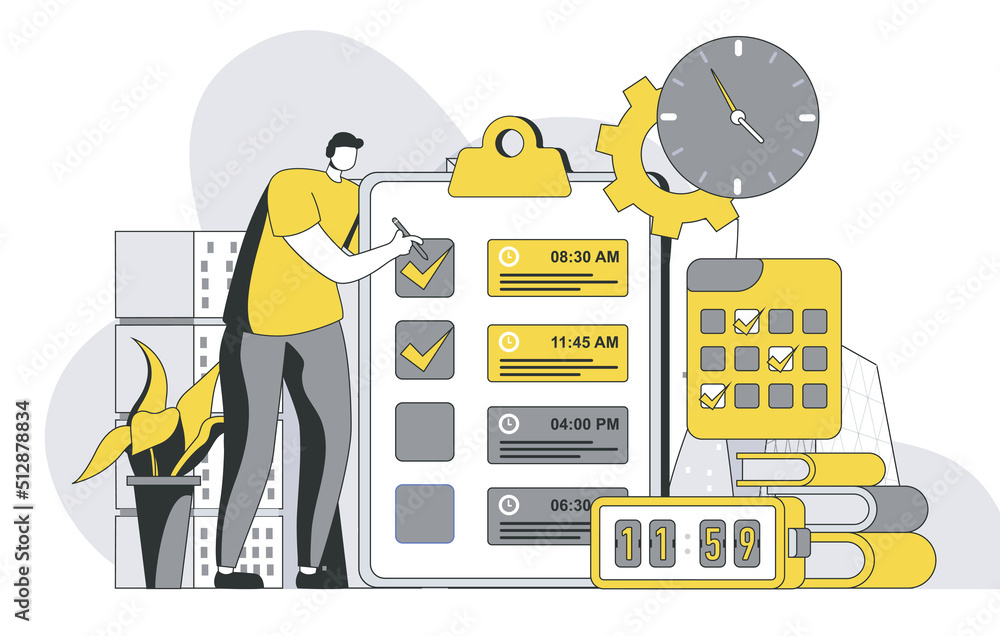 Poster time management concept with outline people scene. man creates schedule and to-do list, keeps track 