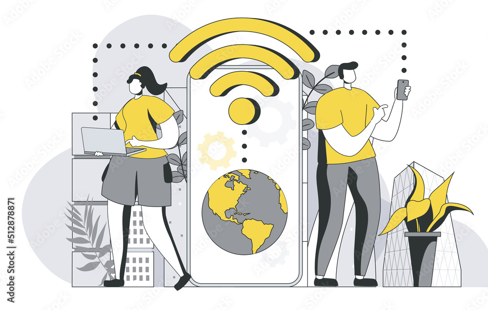 Fototapete wireless technology concept with outline people scene. man and woman use free internet and connect t