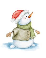 Snowman in a hat, a scarf and mittens on winter snow background. Watercolor Illustration. Christmas card - 512878830