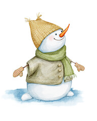 Snowman in a hat, a scarf and mittens on winter snow background. Watercolor Illustration. Christmas card - 512878831