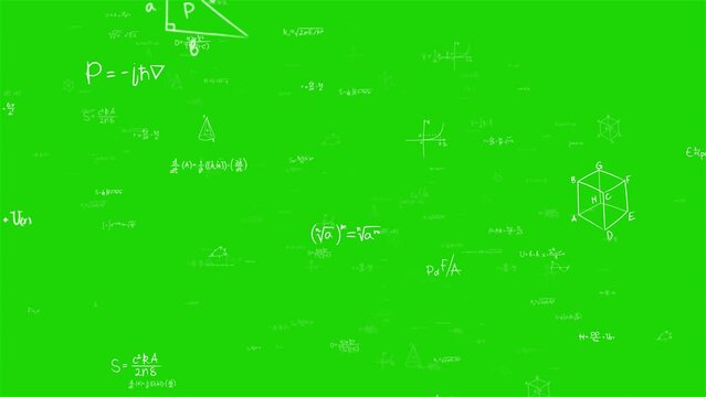 Camera flies Through matrix made of white Math and Equation on Greenscreen Alpha Background. Handwritten geometrical figures, calculations and Mathematical analysis. Cognitive process. Seamless loop