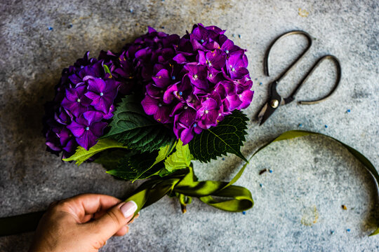 Bouquet with purple hydrangea flowers