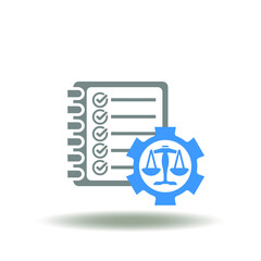 Vector illustration of checklist catalog with gear and scales. Symbol of compliance regulatory. Icon of law regulations.
