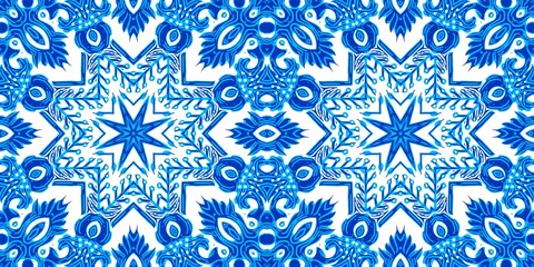  Blue white watercolor azulejo tile border background. Seamless coastal geometrical floral mosaic effect banner. Ornamental arabesque summer fashion repeat edge trim.