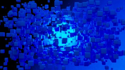 Randomly placed blue cubes with blue illumination under blue-black background. Concept 3D illustration of block chain, metabase technology and data mining.