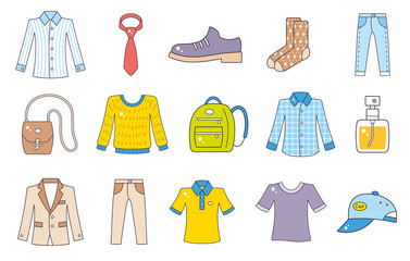 Men clothing and fashion items isolated cartoon vector icons set. Shirt, necktie, shoes, socks, jeans pants, bag, sweater sweatshirt, backpack, perfume bottle, blazer or suit jacket, t shirt and cap.