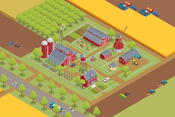 Isometric agricultural farm buildings, windmill barn and silo sheds hay garden beds and tractor. Pulling, pushing agricultural machinery, trailers, ploughing, tilling, disking, harrowing, planting.