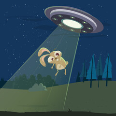 funny cartoon illustration of a rabbit ufo abduction