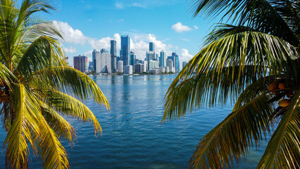 Fototapeta premium City of Miami between palm trees