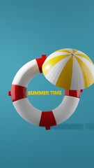 3d render. a lifebuoy and a beach umbrella in the water . 3d illustration