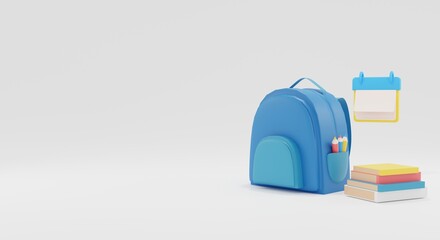 3d render. School supplies. Back to school. Student backpack and books. . 3d illustration