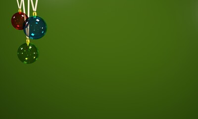 3d render. Winter composition. Glass Christmas tree balls on a green xmas background .3d illustration