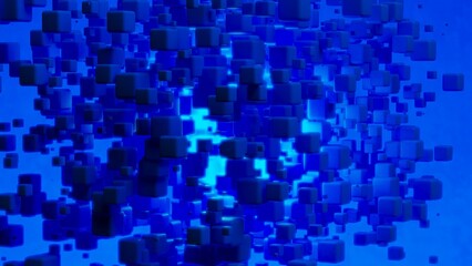 Randomly placed blue cubes with blue illumination under blue-black background. Concept 3D illustration of block chain, metabase technology and data mining.