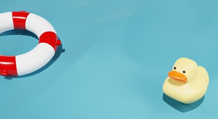 3d render. A rubber duckling and a lifebuoy in the water . 3d illustration