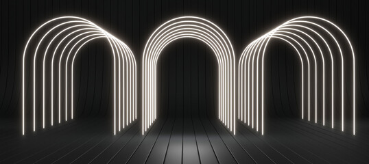Neon light with simple wood black parquet pattern neon arch elements on clean template backdrop. Space of living room product display concept or blank house studio indoor. 3d rendering