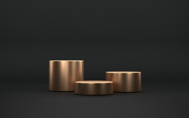 Gold cylinder podium, minimalistic primitive shapes, modern mock up, empty showcase, shop display, matte black color, black background. 3d rendering.