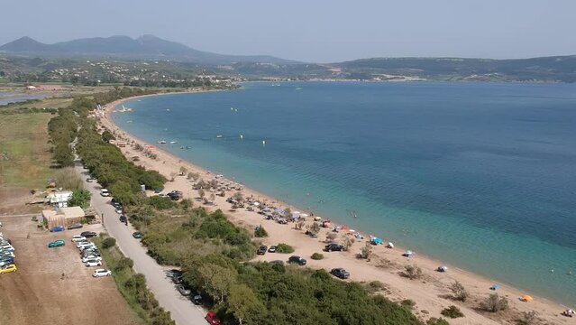 Panoramic aerial view over Divari beach near Navarino bay, Gialova. It is one of the best beaches in mediterranean Europe. Beautiful lagoon near Voidokilia from a high point of view, Messinia, Greece