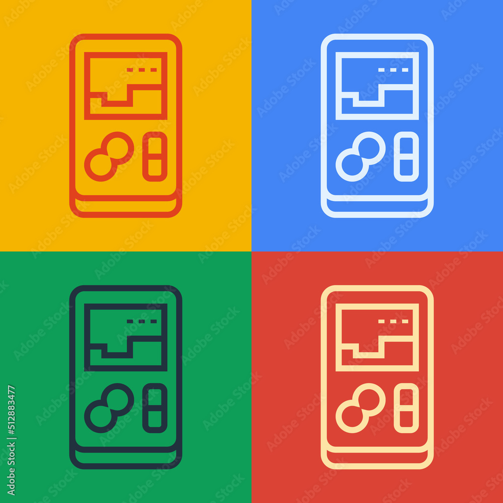 Poster pop art line portable video game console icon isolated on color background. handheld console gaming.