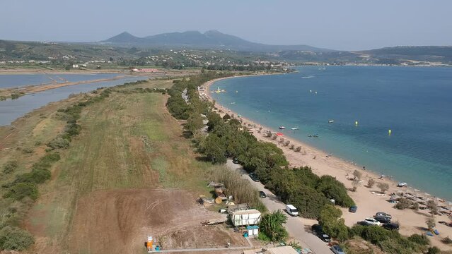 Panoramic aerial view over Divari beach near Navarino bay, Gialova. It is one of the best beaches in mediterranean Europe. Beautiful lagoon near Voidokilia from a high point of view, Messinia, Greece