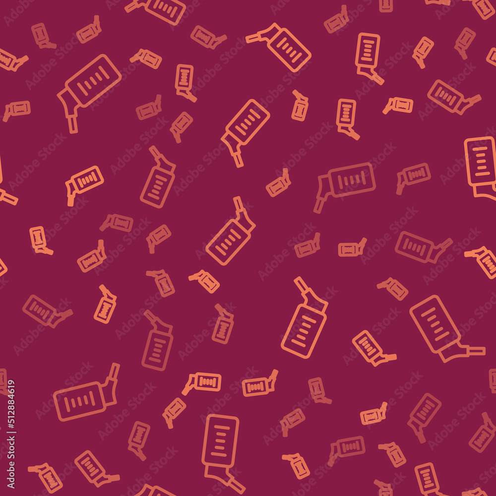 Poster brown line automatic drinker for small pets icon isolated seamless pattern on red background. vector