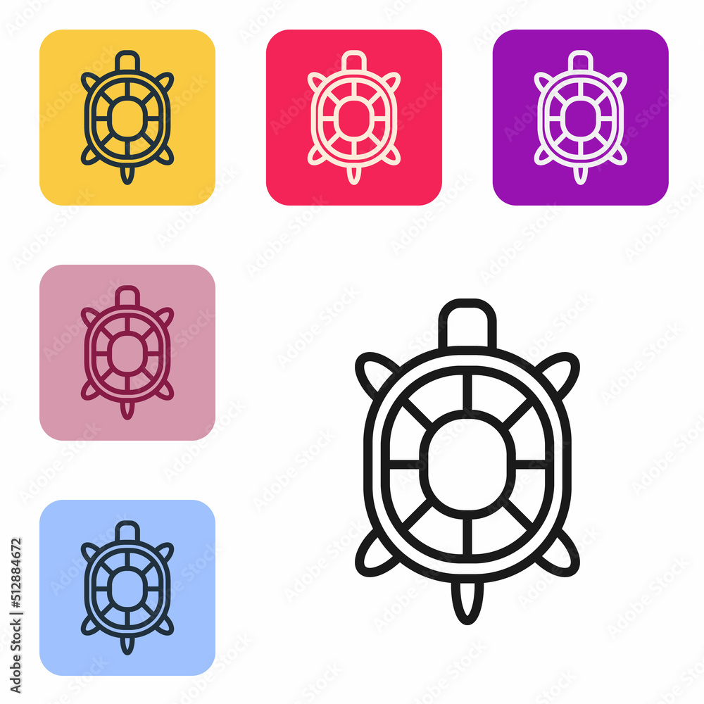 Poster black line turtle icon isolated on white background. set icons in color square buttons. vector