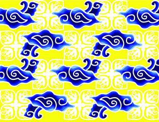 Fototapeta na wymiar Batik painting of Java Indonesia Motif Mega Mendung, batik motif typical of West Java Indonesia, curved line pattern with cloud objects, with developments and various artistic colors