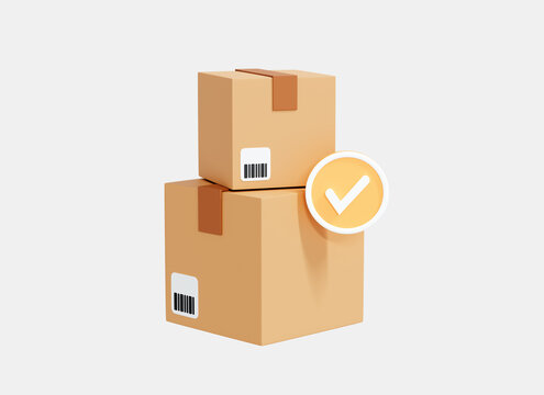 3D Cardboard boxes with check mark. Delivered order or package. Approved delivery box. Quality control. Parcel security. Cartoon creative design icon isolated on white background. 3D Rendering