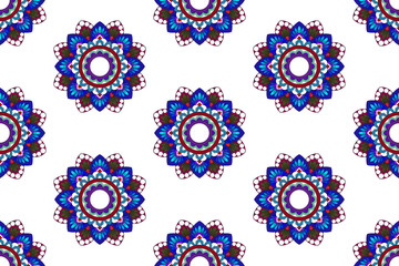 Ikat mandala ethnic seamless pattern design. Aztec fabric carpet mandala ornaments textile decorations wallpaper. Tribal boho native turkey traditional embroidery vector background 