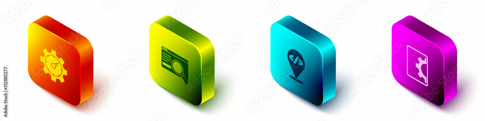 Poster set isometric website statistic, ui or ux design, front end development and icon. vector