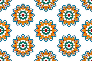 Fototapeta na wymiar Ikat mandala ethnic seamless pattern design. Aztec fabric carpet mandala ornaments textile decorations wallpaper. Tribal boho native turkey traditional embroidery vector background 