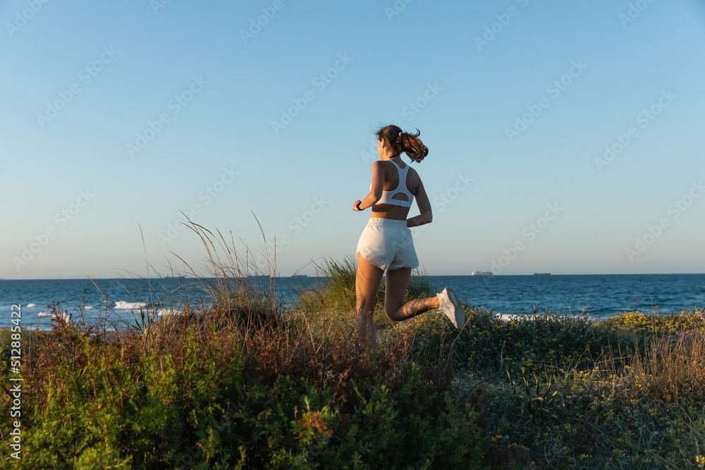 Wall mural brunette woman in shorts and wireless earphone jogging on grass near sea shore.