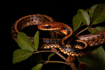 brown and black vine snake on the tree green leafs