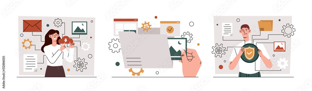 Poster application service concept. man and woman exchange files using cloud storage. modern technologies a