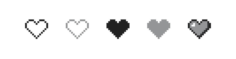 Fototapeta premium Pixel heart set ison in retro style. Vintage love symbol, 8 bit vector illustration for computer game
