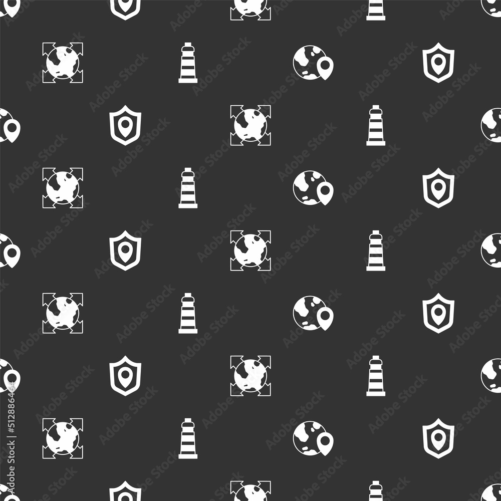 Poster set location on the globe, shield, world with compass and lighthouse on seamless pattern. vector